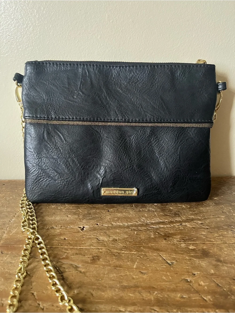 Madden Girl Black Faux-Leather Crossbody with Pearl Studs and Gold Chain